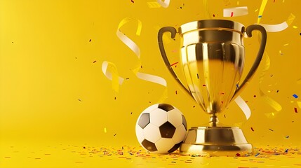 3D rendering of a golden trophy cup with a soccer ball and confetti on a yellow background, Soccer Ball, Trophy, and Confetti Celebration.