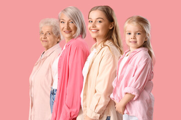 Canvas Print - Little girl with her family on pink background