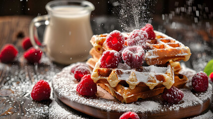 Wall Mural - Belgian waffles with raspberries with sugar powder in a freeze motion of a cloud of powder midair, served with jug of milk. Delicious breakfast or snack
