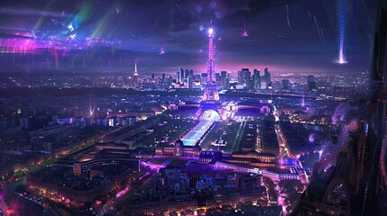 Wall Mural - Aerial view of Paris at night with a glowing Eiffel Tower, surrounded by city lights and a vibrant, colorful sky, capturing the essence of celebration