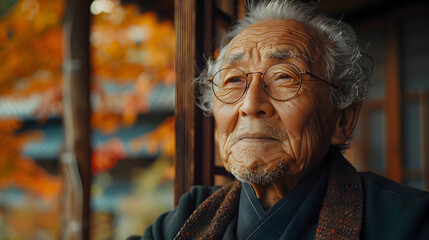 Wall Mural - Close-up Portrait of an Elderly Man Smiling with a Blurred Background of Colorful Objects