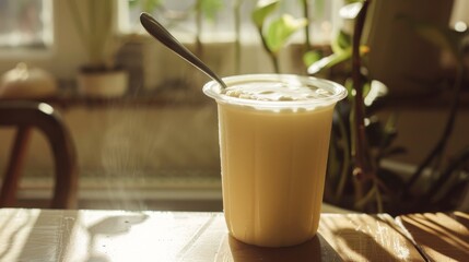 Wall Mural - Yogurt in a plastic cup on a wooden table with sunlight