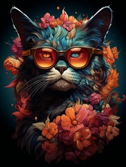 Wall Mural - Cat in Glasses and Bow Tie Tee Design