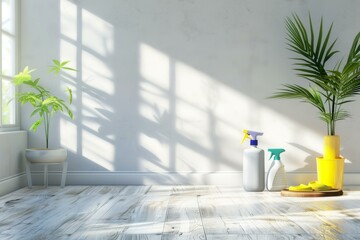 Sticker - Cozy room corner with sunlight, cleaning items, and green plants, showing a fresh, clean space