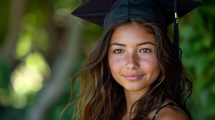 Wall Mural - Teen girl wearing a black graduation cap, smiling confidently at the camera with a natural, blurred green background
