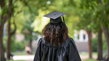 Wall Mural - Young woman in a black graduation cap and gown walking away, with curly hair, on a tree-lined campus path, symbolizing a journey towards a bright future