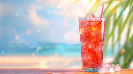 Wall Mural - Glass of summer refreshing drink with ice, summer holidays and fun, banner realistic hyperrealistic