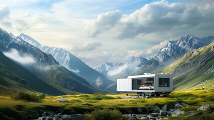 Wall Mural -  Parked modern Rv camping on beautiful mountain panoramic nature. Holiday trip in motorhome.