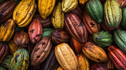 Top view of a harvest of colorful fresh cocoa pods on a farm isolated together, banner, wallpaper