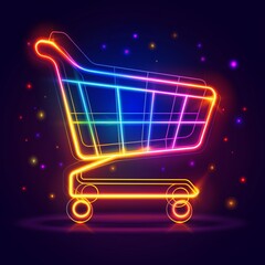 A neon shopping cart with bright colors and glowing lights. The cart is surrounded by a dark background, giving it a futuristic and eye-catching appearance