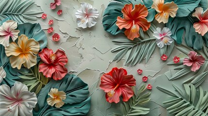 Wall Mural - Decorative exotic flowers on an old wall.