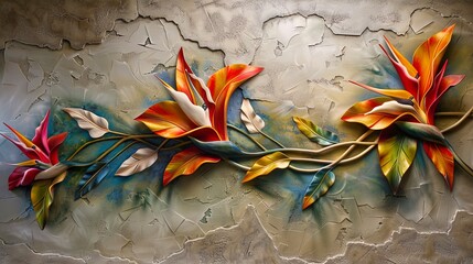 Wall Mural - Decorative exotic flowers on an old wall.