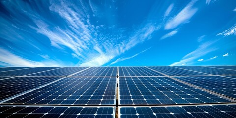 Array of solar panels under a clear blue sky with scattered clouds