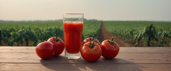 Wall Mural - Fresh tomatoes and juice on table, field in background. Harvesting vegetables