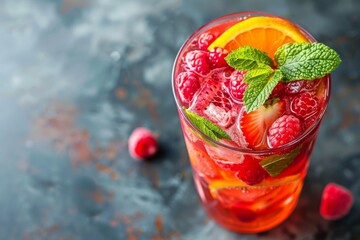 Iced tea with raspberries, strawberries, mint, and orange slices
