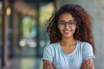 Wall Mural - A woman with curly hair is smiling and wearing glasses