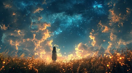 Wall Mural - A lone person gazes upward at the mesmerizing expanse of the star-filled night sky A woman standing on a hill looking at the stars.