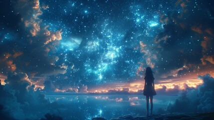 Wall Mural - A lone person gazes upward at the mesmerizing expanse of the star-filled night sky A woman standing on a hill looking at the stars.