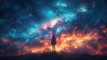 Wall Mural - A lone person gazes upward at the mesmerizing expanse of the star-filled night sky A woman standing on a hill looking at the stars.