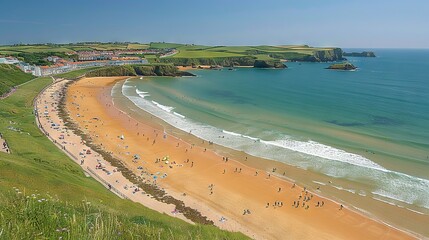 Wall Mural -   A group of people stand on a sandy beach beside a lush green hillside and the ocean