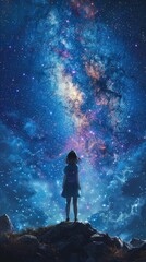 Wall Mural - A lone person gazes upward at the mesmerizing expanse of the star-filled night sky A woman standing on a hill looking at the stars.