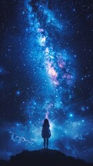 Wall Mural - A lone person gazes upward at the mesmerizing expanse of the star-filled night sky A woman standing on a hill looking at the stars.