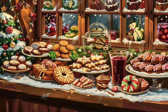 A delicious assortment of traditional German treats, such as gingerbread cookies and mulled wine, at a Christmas market. Illustration --ar 3:2 --style raw Job ID: 5782ad66-152f-41e1-a794-4582113d1aa3
