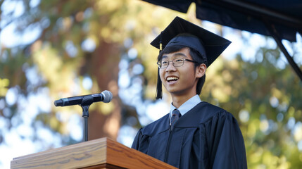 Wall Mural - Happy asian male graduate speaking at an outdoor graduation event