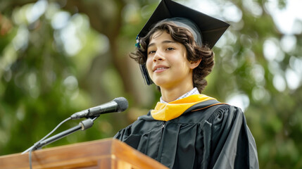 Wall Mural - Young graduate with curly hair smiling during his commencement speech