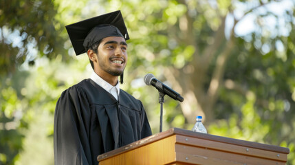 Wall Mural - Confident young Indian male graduate delivering a speech outdoors