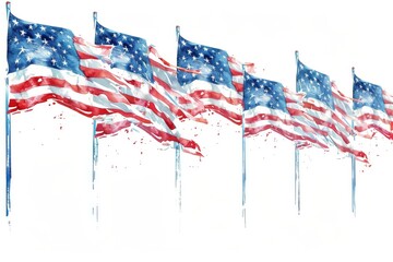 Wall Mural - A close-up shot capturing a row of American flags fluttering in the wind during a vibrant Fourth of July celebration against a pristine white backdrop.