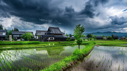 Sticker - 雨に打たれる田園風景 梅雨