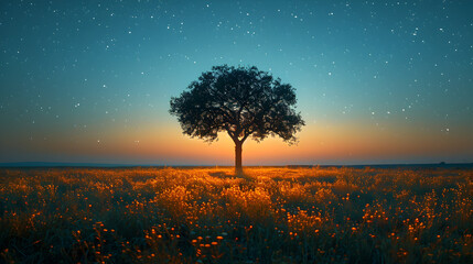 Lone Tree in a Field Under a Night Sky
