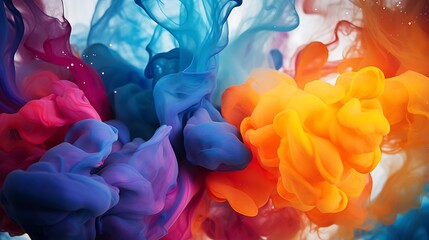 Artistic close-up of colorful ink swirling in water, creating abstract shapes