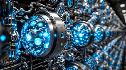A large machine with blue lights on it and pipes, AI