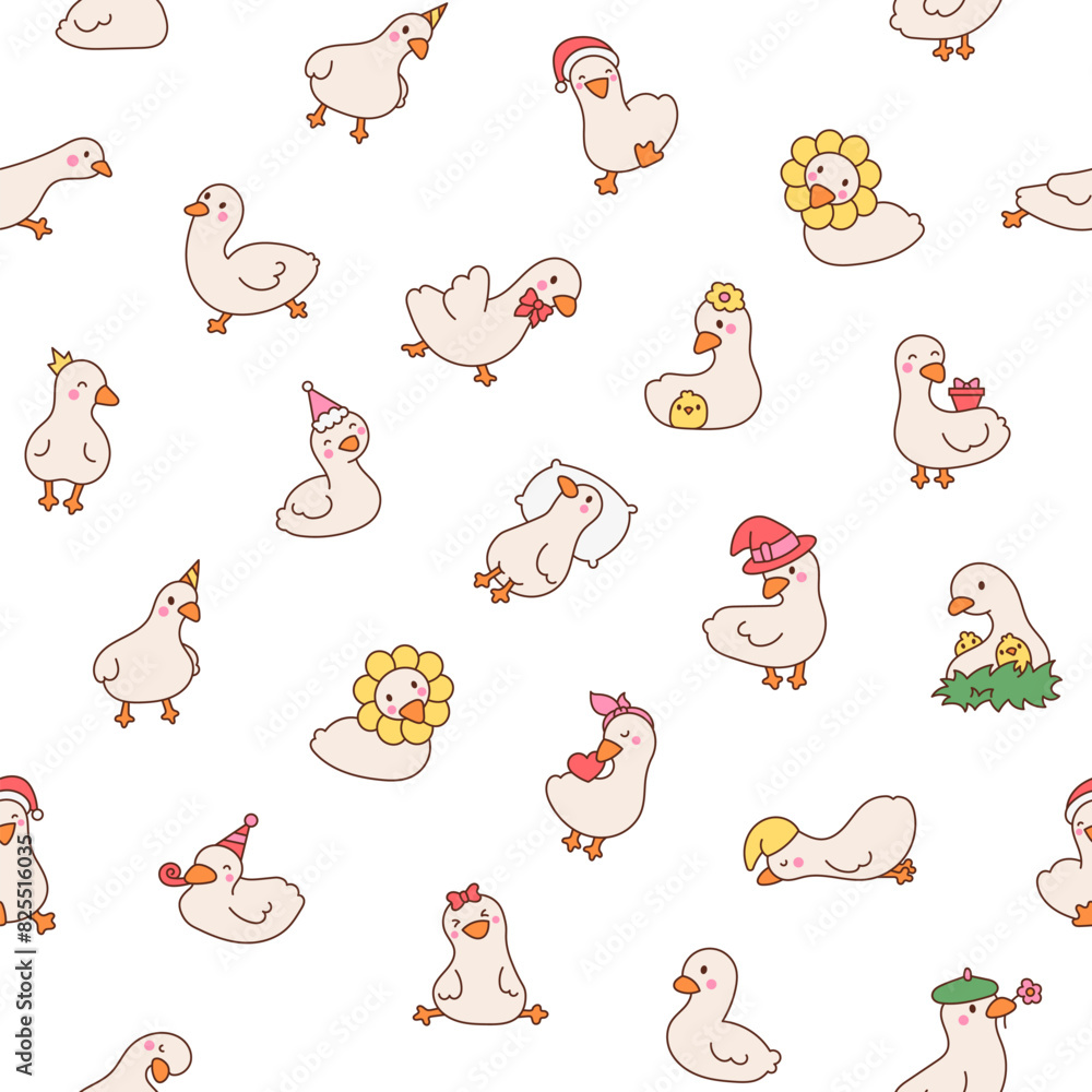 Cute kawaii goose. Seamless pattern. Cartoon funny duck characters ...