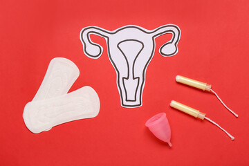 Wall Mural - Paper uterus with tampons, menstrual pads and cup on red background