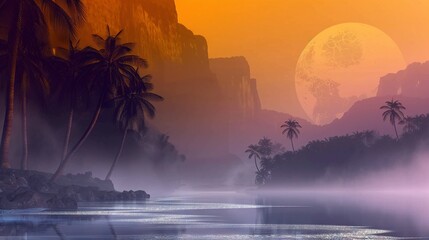   A stunning painting of a tropical island, featuring lush palm trees in the foreground and a vibrant orange-yellow sunset in the background