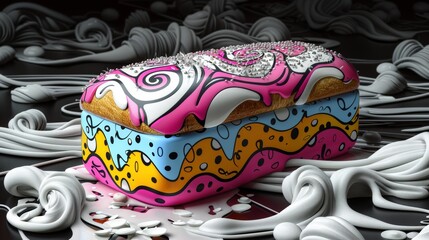 Sticker - A colorful cake with white icing and sprinkles on a black background, AI