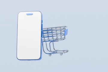 Wall Mural - 3d Shopping cart with smartphone icon isolated on blue background. Online shopping delivery business e-commerce store and social media application concept. Minimal design. 3D render.