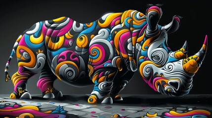 Wall Mural - A rhino with a colorful pattern painted on it's body, AI