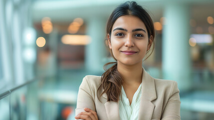 beautiful young indian business woman in modern office building, wearing beige blazer and white blouse, smiling with arms crossed looking at camera