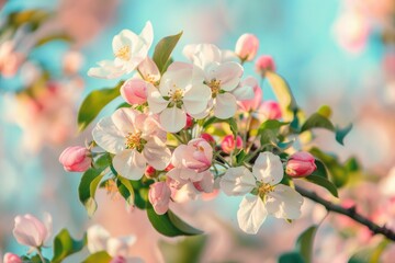 Wall Mural - Apple Orchard In Bloom. Beautiful Spring Blossom in Apple Garden Under Sunny Blue Skies