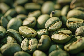 Coffee Green. Closeup of Raw Green Coffee Bean in a Scoop