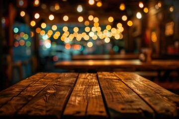 Poster - Shiny Wood. Wooden Table in Front of Blurred Restaurant Lights Background