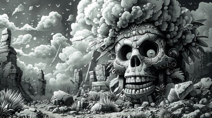 Wall Mural - A black and white drawing of a skull with flowers around it, AI