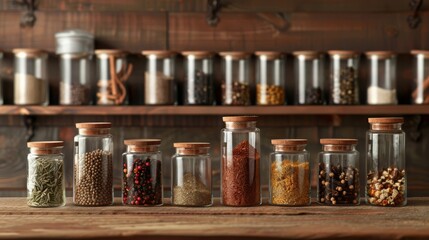 Wall Mural - assortment of aromatic spices in glass jars on rustic wooden table modern kitchen still life