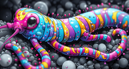 Wall Mural - A colorful fictional worm or caterpillar with a rainbow stripe on its back, AI