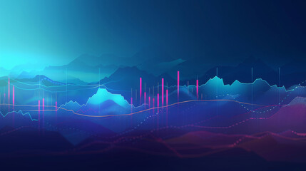 Poster - Digital landscape depicting economic trends with neon graphs and mountains