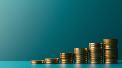 Poster - Ascending coin stacks on a blue background depicting increasing inflation rates